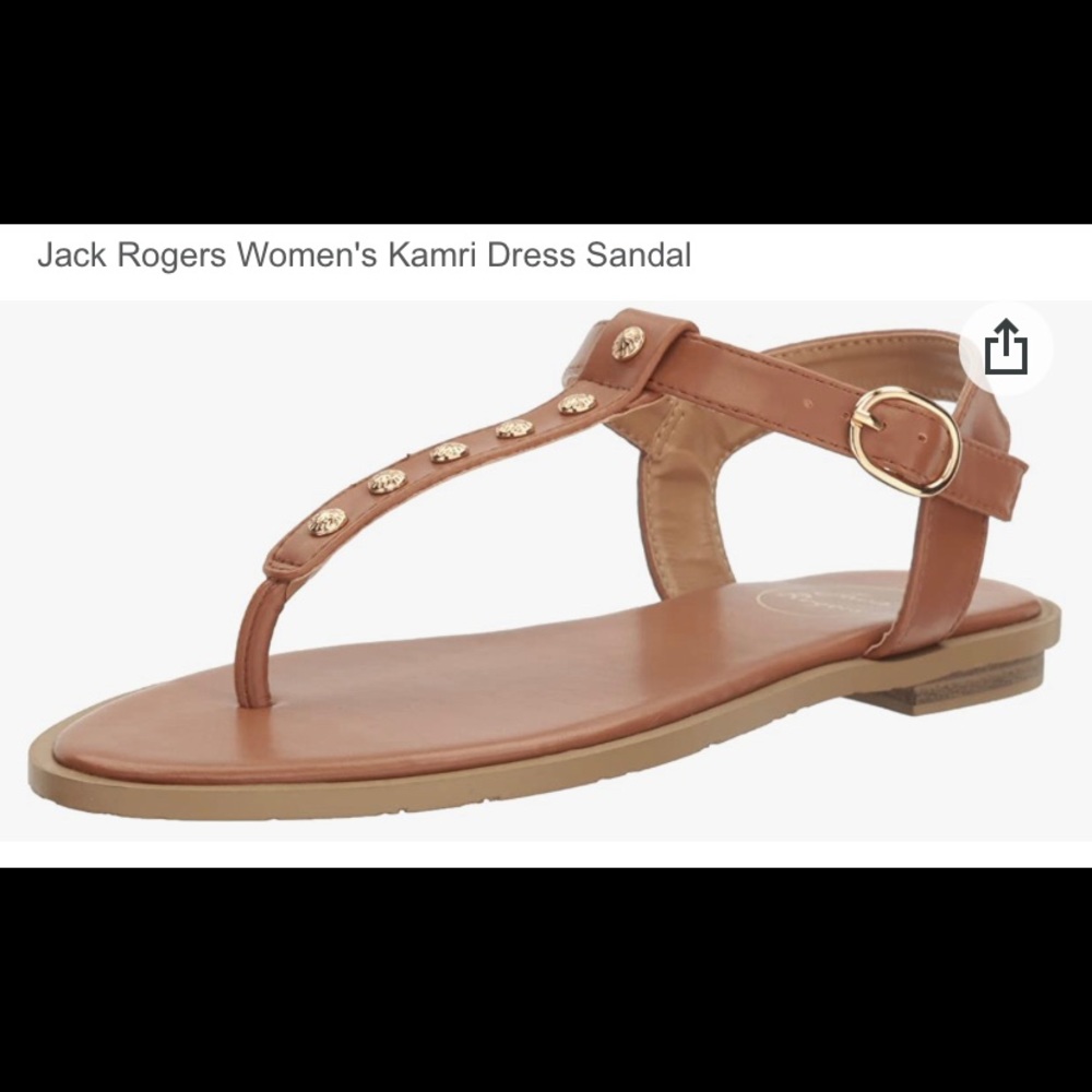 Jack Rogers Tan Leather T‑Strap Sandal with Gold Accents